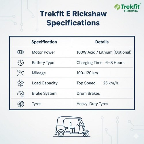 Detailed table graphic outlining Trekfit E Rickshaw specifications, including Motor Power (1000W / 1200W), Battery Type options (Lead Acid / Lithium), 6–8 hours Charging Time, 100–120 km Mileage, 400–500 kg Load Capacity, 25 km/h Top Speed, Drum Brakes, and Heavy-Duty Tyres.