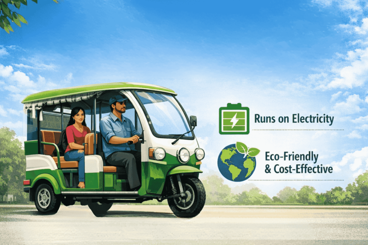 Electric rickshaws operating on Indian city roads, showing eco-friendly and affordable last-mile transportation