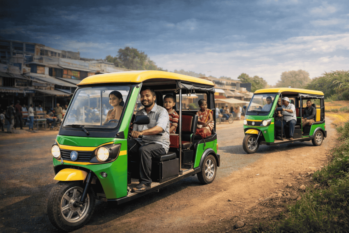 Realistic scene of electric rickshaws carrying passengers through a busy Lakhimpur market road, showing quiet, eco-friendly daily transport suited for crowded streets and nearby rural routes.