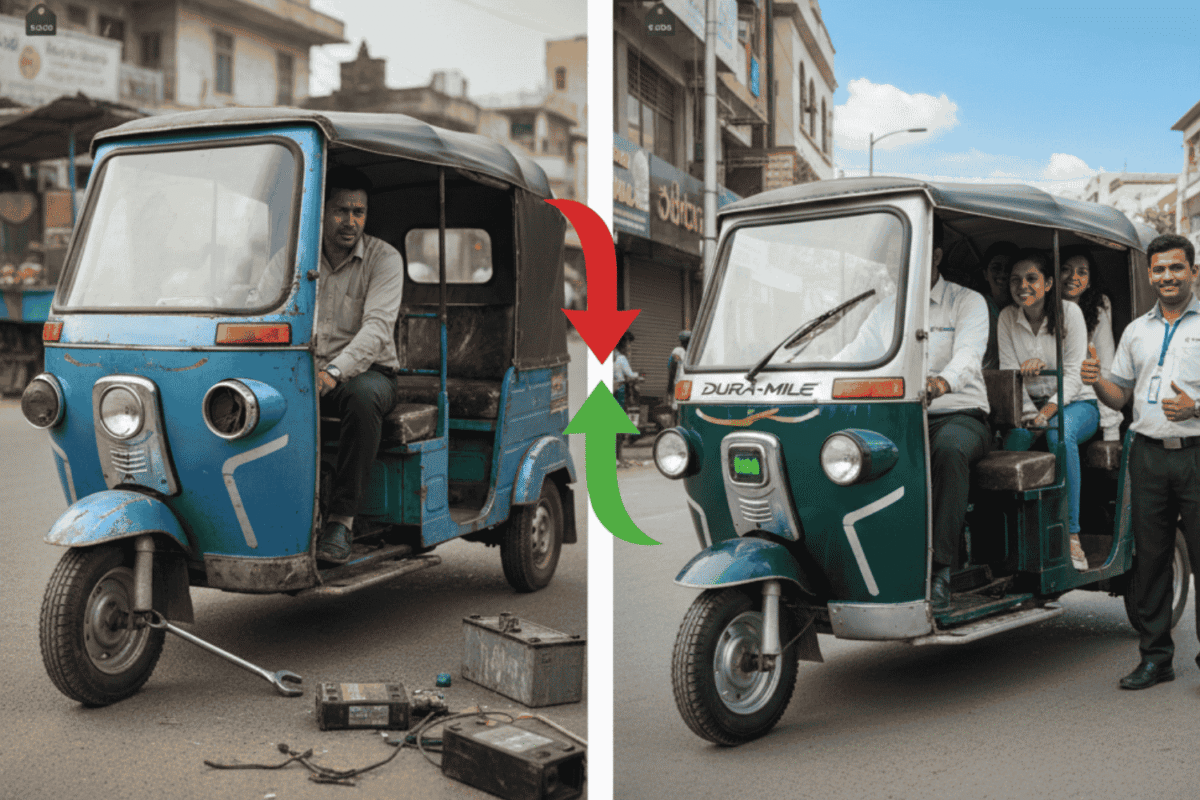 A split-screen comparison of two e-rickshaws: on the left, a cheap, broken-down blue model with a frustrated driver and scattered batteries; on the right, a premium green e-rickshaw carrying happy passengers with a smiling driver giving a thumbs up.