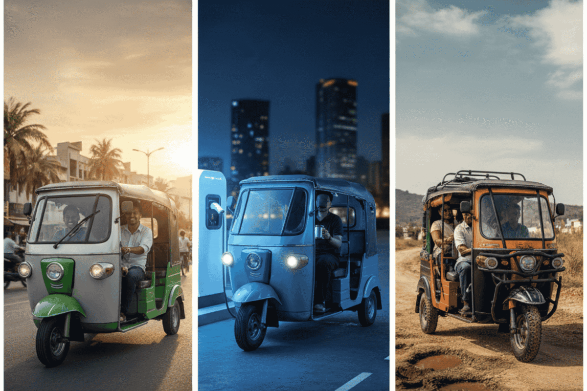 A three-panel infographic showing electric rickshaws in different scenarios: a green e-rickshaw on a smooth city road for daily routes, a blue e-rickshaw at a charging station for long hours, and an orange heavy-duty e-rickshaw on a rough, potholed road representing build quality and durability.