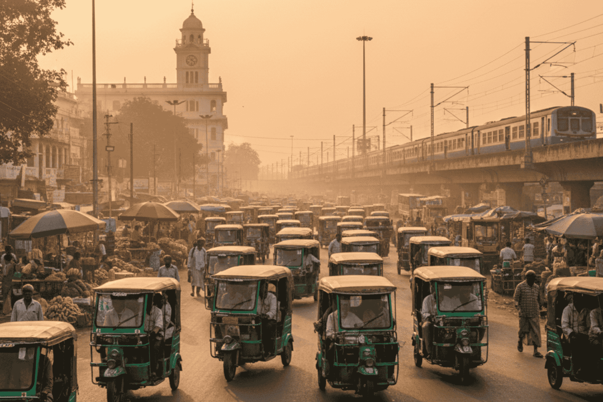 A crowded street in Lakhimpur filled with green and yellow electric rickshaws carrying passengers near a railway station and local market, highlighting the shift from fuel-based autos to sustainable electric transport.