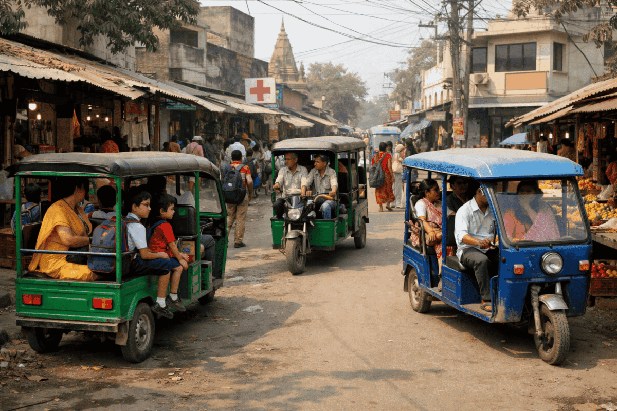 E-rickshaws carrying school children, office workers, and shoppers through a busy Lakhimpur street, showing steady local transport demand and daily passenger flow.