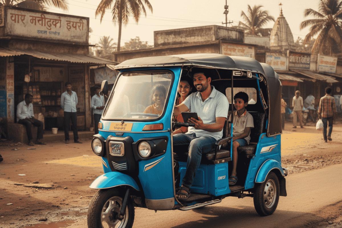 A smiling, confident driver operating a sturdy blue e-rickshaw on a typical road in Lakhimpur, demonstrating vehicle reliability and smooth performance despite rough terrain.