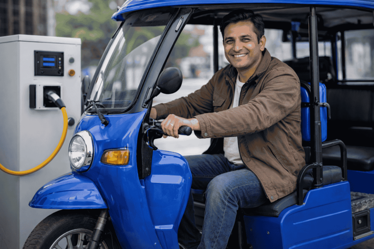 Smiling e-rickshaw driver sitting in a blue electric rickshaw at a charging station, showing easy operation, reliable performance, and confident long-term ownership for daily income.
