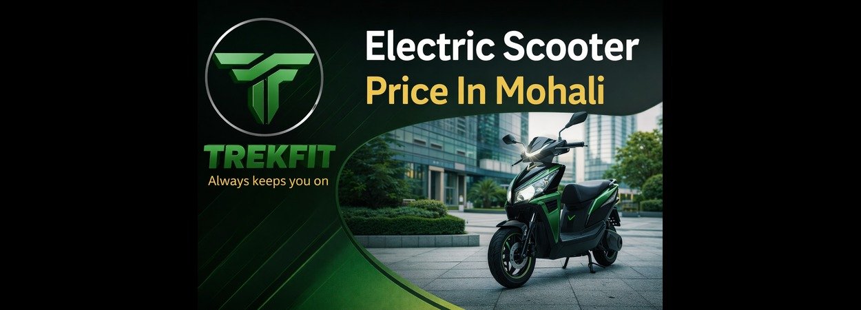 Trekfit electric scooter price in Mohali banner with green scooter and brand logo