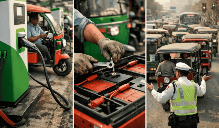 Realistic scene showing e-rickshaws charging at a station, battery maintenance work, and traffic congestion with a traffic officer managing busy urban roads.