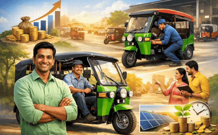 Illustration showing e-rickshaws in operation, a driver, buyers evaluating a vehicle, maintenance support, and financial growth symbols representing profitable e-rickshaw investment and long-term returns.