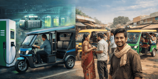 Realistic scene showing modern electric rickshaws charging with advanced battery technology alongside a busy Indian town market where electric rickshaws support local livelihoods and employment.