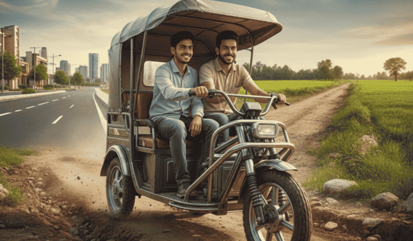 A heavy-duty e-rickshaw navigating a transition from a paved city road to a bumpy, rural dirt track in Lakhimpur, showcasing its strong chassis and suspension.