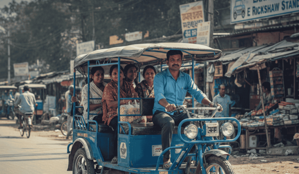 A blue Trekfit e-rickshaw carrying passengers through a busy Indian street market, highlighting durable build quality and reliability for local drivers.