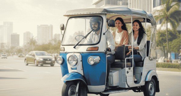 A high-quality banner showing a blue and white electric rickshaw being driven on a city road with passengers, featuring a "Smart Buyer's Guide" checklist about test drives, document verification, and dealer authenticity.