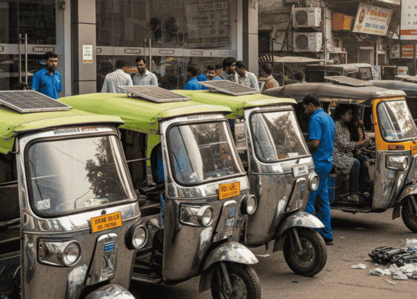 A realistic street scene in India showing a line of modern electric rickshaws parked in front of a glass-fronted "Authorized Dealer" showroom with a yellow sign. In the foreground, a mechanic works on spare parts on the ground, illustrating the mix of established brand networks and local repair services in the e-rickshaw market.