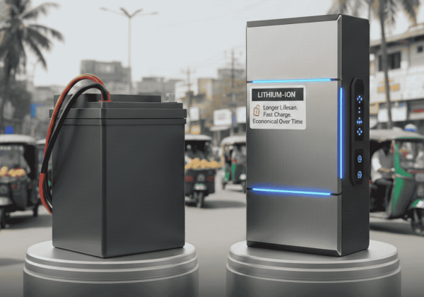 A side-by-side comparison of a traditional black lead-acid battery and a modern, sleek silver lithium-ion battery with blue LED accents. The lithium-ion battery features a label highlighting a longer lifespan and fast charging. The background shows a busy city street with green e-rickshaws, branded with the 'E-Rickshaw Power' logo at the bottom.