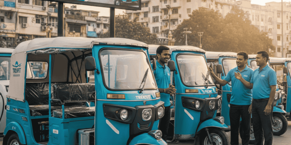 A row of modern teal Trekfit e-rickshaws parked in an urban setting with a large billboard highlighting Trekfit’s brand reliability, durability, and customer support. Professional service staff in blue shirts stand nearby, representing dependable after-sales care for commercial users.
