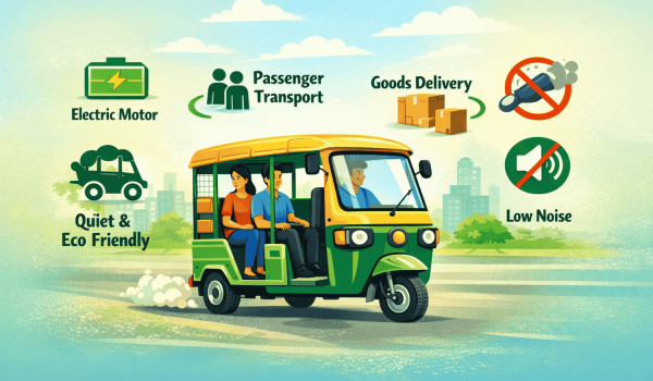 Illustration of an electric e-rickshaw carrying passengers on a city road, showing a clean, quiet, and eco-friendly three-wheeled vehicle used for local transport.