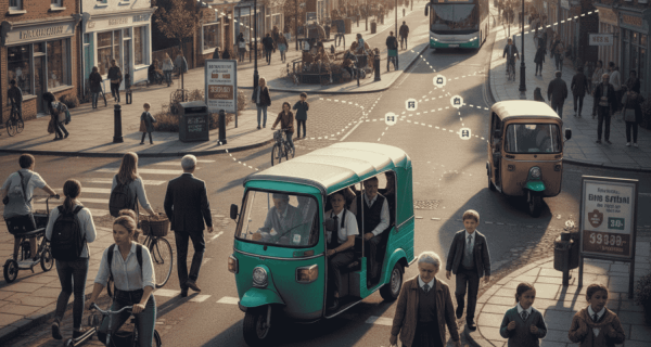 A busy street scene in a small town showing the gap between traditional and modern transport. A large bus and a yellow auto-rickshaw travel in the background, while a green electric three-wheeler takes center stage, illustrating a low-cost, flexible solution for daily short-distance travel between homes, schools, and markets.