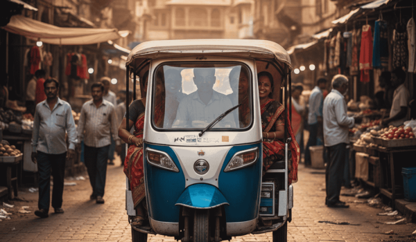 A blue and white battery-powered e-rickshaw carrying passengers through a narrow, crowded traditional marketplace during sunset, illustrating eco-friendly last-mile urban transport.