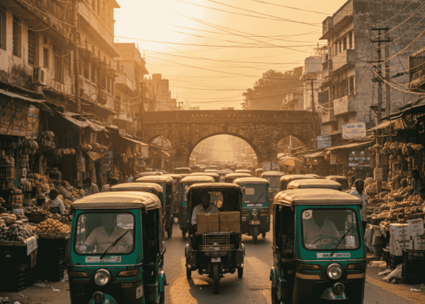A busy street scene in Lakhimpur featuring multiple electric rickshaws carrying passengers and cargo through a vibrant local market, illustrating a sustainable local transport business model.