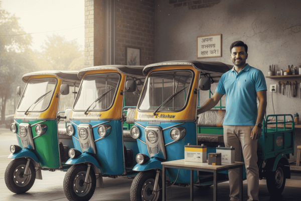 A professional Indian entrepreneur standing in a garage with a fleet of colorful passenger and cargo e-rickshaws, featuring a display of lithium-ion and lead-acid batteries to represent startup investment costs.