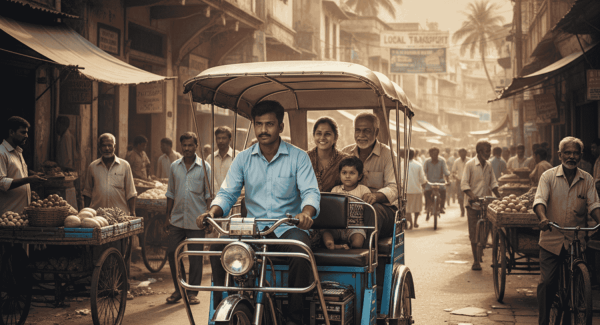 A realistic depiction of a blue battery-operated electric rickshaw carrying a family through a crowded, narrow street in a small city. The image highlights the vehicle's role in local transport amidst street vendors and historic buildings during a golden sunset.