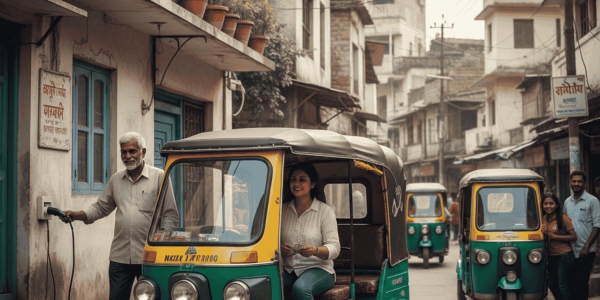 A realistic scene in a small Indian city featuring a green and yellow electric rickshaw parked in a narrow street. A driver is shown plugging a charging cable into a wall socket outside a residential house, while a passenger sits comfortably inside. Other rickshaws and locals are visible in the background, highlighting the community's adoption of eco-friendly transport.