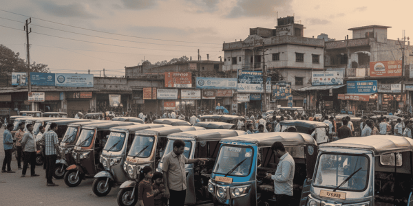 A realistic street scene in Lakhimpur showing a row of electric rickshaws parked in a busy market area during sunset. In the background, a large digital billboard displays a summary of price trends and buying patterns, highlighting factors like battery quality, warranty, and seasonal demand.