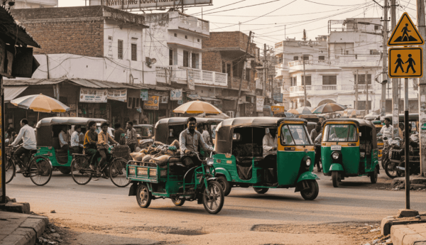 A busy street scene in Lakhimpur showing the complex road conditions, including uneven pavement with potholes and a mix of traffic. Several green and yellow auto rickshaws and e-rickshaws are navigating the narrow space alongside bicycles and pedestrians. In the background, local shops, overhead power lines, and a "Lakhimpur" signboard capture the semi-urban environment and the stop-and-go nature of local transport.