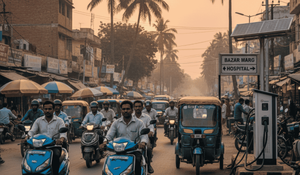 A bustling, sun-drenched street scene in a town in Uttar Pradesh, India, showcasing the rising adoption of electric vehicles. Several commuters are riding blue and silver electric scooters through a busy market area, while green and yellow electric rickshaws (e-rickshaws) transport passengers in the background. On the side of the road, a modern EV charging station with solar panels is integrated into the traditional town landscape, with Hindi signage and palm trees visible under a warm afternoon sky.
