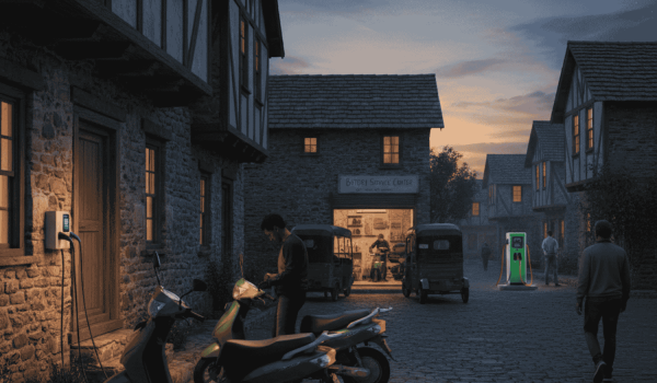 A serene evening scene in a small town showing the practical side of electric vehicle adoption. In the foreground, a green electric scooter is plugged into a wall-mounted home charger outside a traditional stone house. Nearby, a man checks his scooter under a warm streetlamp. In the background, green e-rickshaws are parked near a local battery service center and a public charging pedestal, illustrating the blend of home-based and community-supported charging infrastructure.