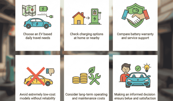 A 6-panel infographic titled "Tips for First-Time Vehicle Buyers in Uttar Pradesh Towns" featuring colorful icons for choosing EVs based on travel needs, checking home charging, comparing battery warranties, avoiding low-cost unreliable models, considering maintenance costs, and making informed decisions.