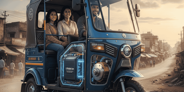 A realistic blue electric rickshaw driving on a city street at sunset, featuring a transparent side panel that reveals the internal rechargeable battery and electric motor to demonstrate build quality and mileage efficiency.