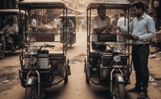Two Indian e-rickshaws parked side-by-side in a narrow, crowded Lakhimpur market street being compared by a buyer for build quality and battery durability.