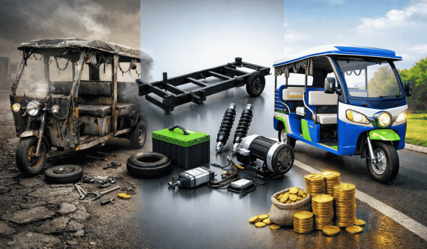 Comparison illustration showing a poorly built e-rickshaw needing frequent repairs, strong internal e-rickshaw components, and a high-quality e-rickshaw delivering reliability, safety, and long-term savings.