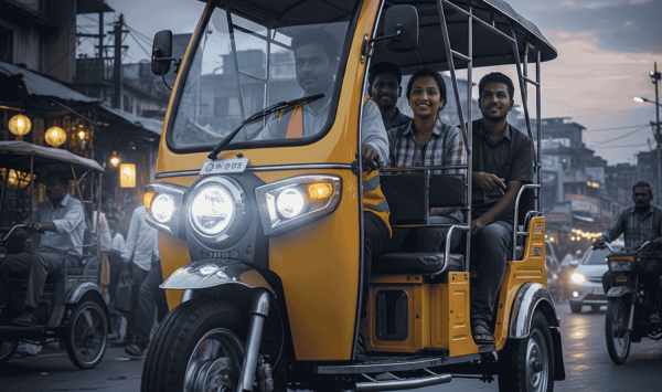 A yellow passenger e-rickshaw showcasing safety features like bright LED headlights, high-grip tires, and a sturdy structural roof while driving through a city at dusk.