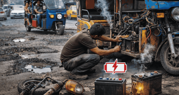 Realistic scene of a damaged low-cost e-rickshaw being repaired on a rough city road with exposed wiring and battery issues, while another overloaded e-rickshaw struggles through heavy traffic on uneven roads, showing how poor build quality and harsh daily conditions cause frequent breakdowns.