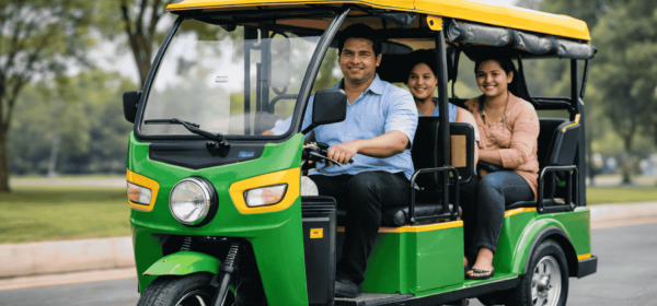 Realistic image of a modern electric rickshaw driving smoothly on a city road with happy passengers, showing stable suspension over a speed breaker, strong tyres, and reliable braking components that improve comfort, safety, and ride quality.