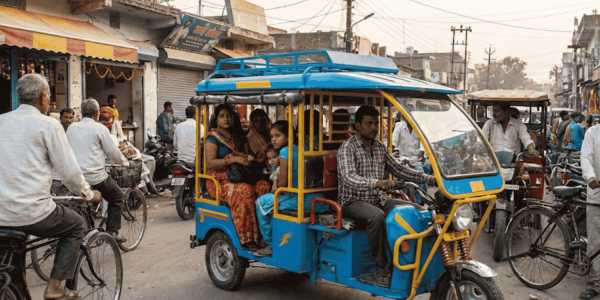 A vibrant photograph of a blue and yellow e-rickshaw, carrying several passengers including women and a child, navigating a crowded market street in Lakhimpur, India. The driver is a man in a plaid shirt. The street is bustling with pedestrians, bicycles, and other small vehicles, with shops lining the road under a hazy late afternoon sky.