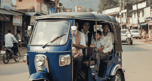 A blue Trekfit E-Rickshaw carrying happy passengers on a sunny street in Lakhimpur, showcasing reliable and comfortable daily public transport.