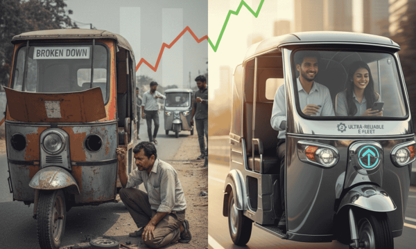 A split-screen comparison showing a frustrated driver repairing a broken-down e-rickshaw on the left, and a modern, reliable e-rickshaw carrying happy passengers with a rising green profit graph on the right.