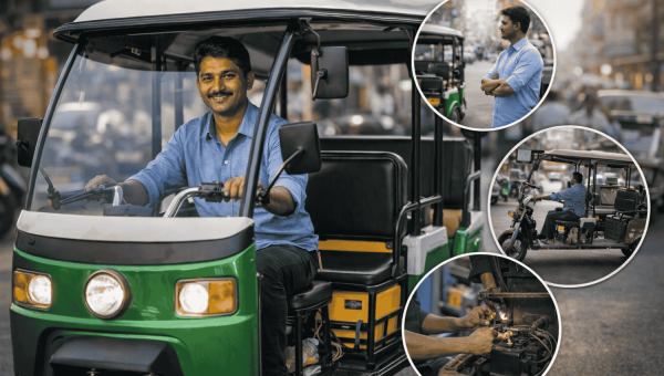 A confident e-rickshaw driver in Lakhimpur operating a clean, well-maintained electric rickshaw on a busy street, with visual cues showing daily reliability, smooth operation, simple maintenance, and long-term value for full-time drivers.