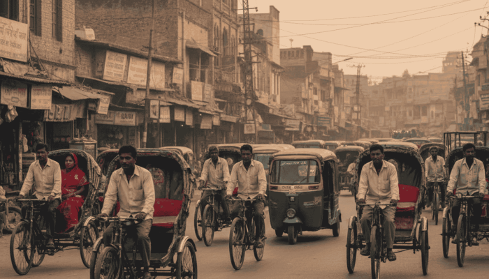 A busy, dusty street in Sitapur, India, crowded with traditional cycle rickshaws and green-and-yellow fuel-powered auto rickshaws navigating a narrow road lined with local shops and tangled overhead wires.