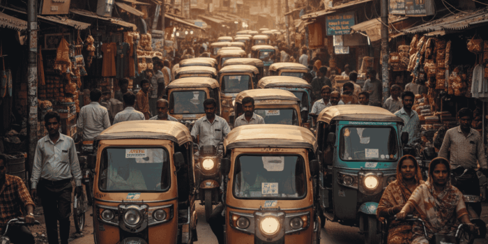 A realistic, crowded street scene in Sitapur during peak hours featuring a line of electric rickshaws and commuters navigating a narrow, sunlit commercial road lined with local shops.