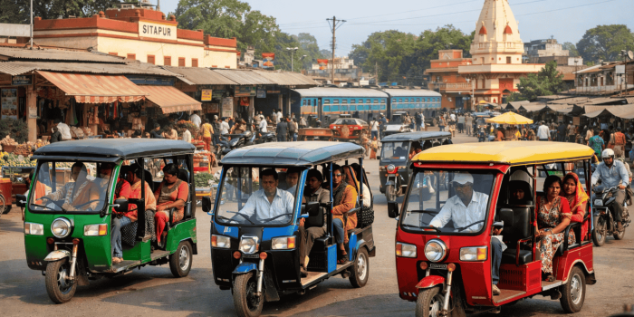 E-rickshaws operating in a busy Sitapur market area, showing rising demand for affordable and eco-friendly local transportation in the city.
