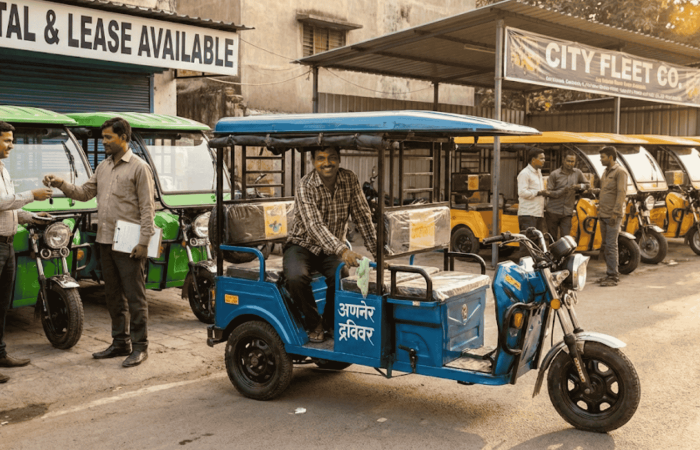 A realistic composite image illustrating three e-rickshaw business strategies: in the foreground, a driver sits proudly in his vehicle representing the Owner-Driver model; to the side, two individuals exchange keys representing the Rental model; and in the background, a row of parked e-rickshaws represents the Small Fleet Ownership model.
