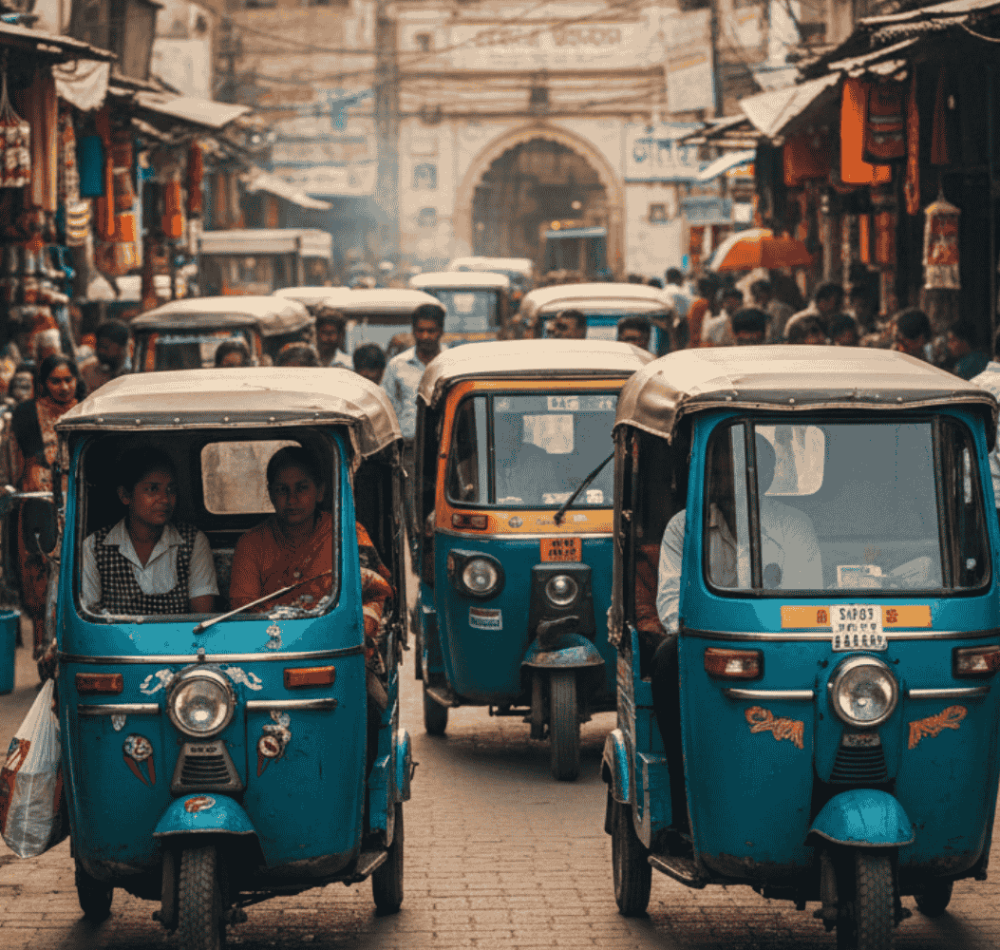 A busy, narrow market street in Sitapur featuring electric rickshaws and auto-rickshaws navigating through crowded bazaar stalls and daily commuters.