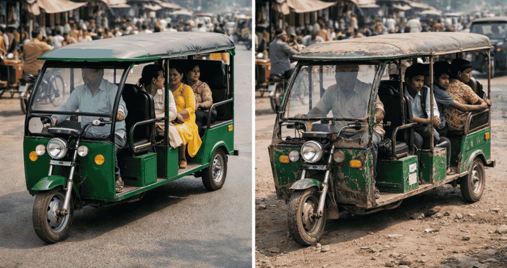 Side-by-side view of a well-built electric rickshaw and a worn, damaged rickshaw on busy market roads, highlighting differences in build quality, durability, and ride condition.
