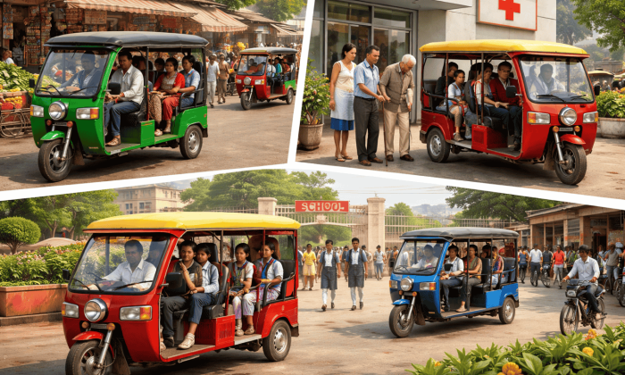 E-rickshaws serving passengers of all age groups in Sitapur, operating on busy routes near markets, schools, and hospitals, highlighting strong demand for low-fare short-distance travel.